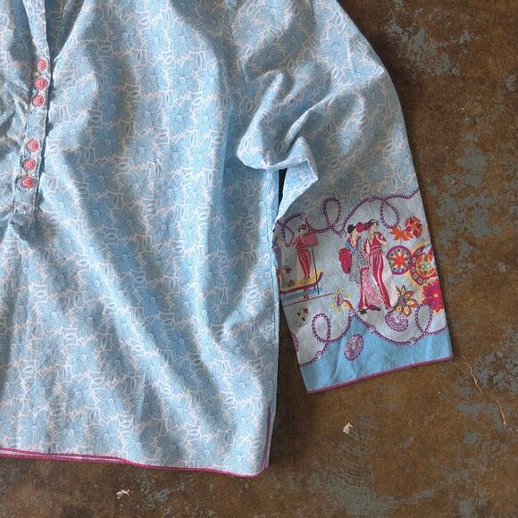 Josie Natori Women's Pajama Top Size XL Asian Inspired Blue Print Cotton - Picture 4 of 7